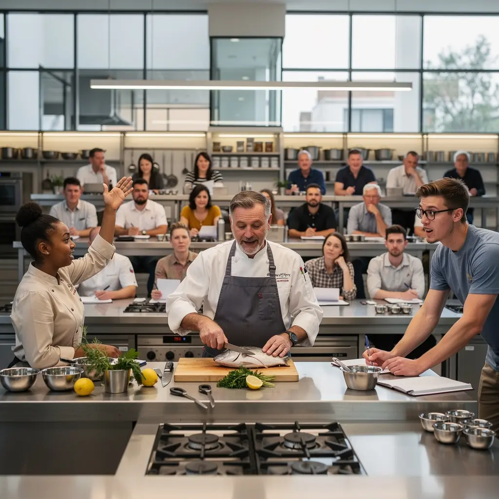 Eine Gruppe von Teilnehmern, die an einer praktischen Kochübung in der Akademie teilnehmen.
