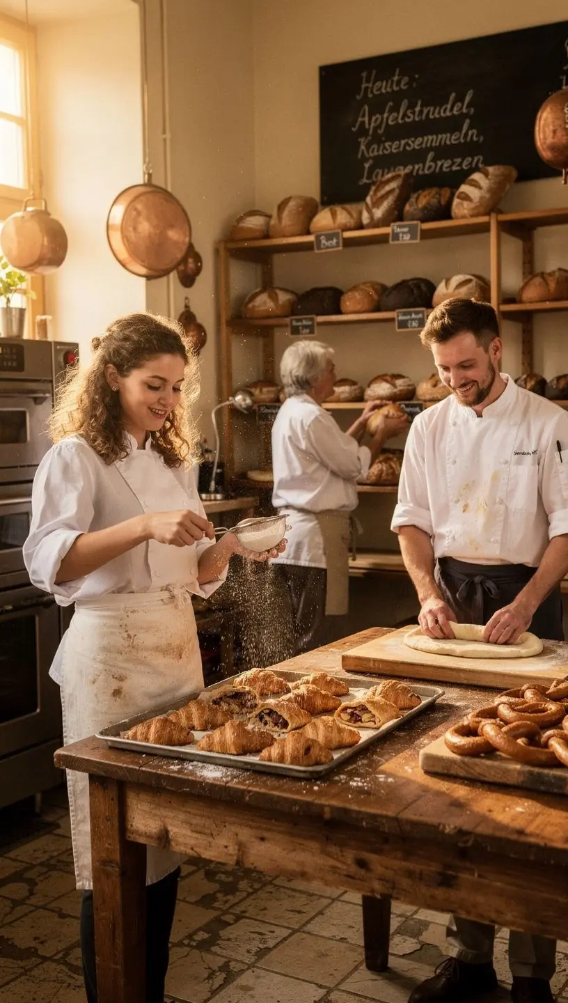 Küchengeräte und Utensilien, die auf einem Arbeitstisch in einer professionellen Kochschule liegen.